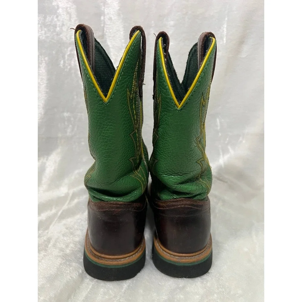 John Deere Western Boots Childrens 6.5M Brown Green Leather Cowboy Work Farmcore